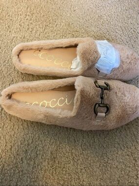 Lauriebelle Boutique CCOCCI Faux-Fur Mule Loafers in Light Beige with Metal Bit